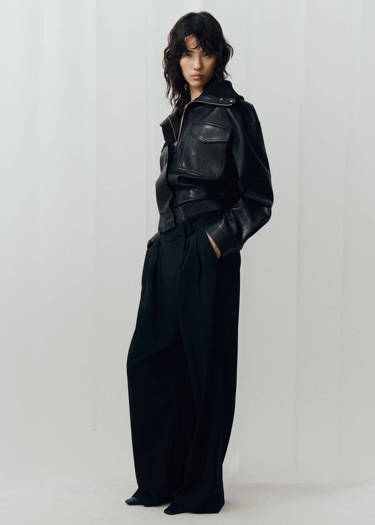 Faux leather jacket with ribbed collar — Black