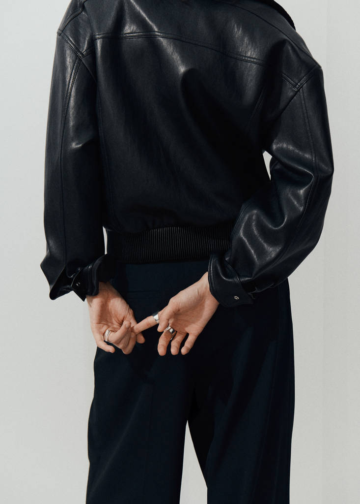 Faux leather jacket with ribbed collar — Black