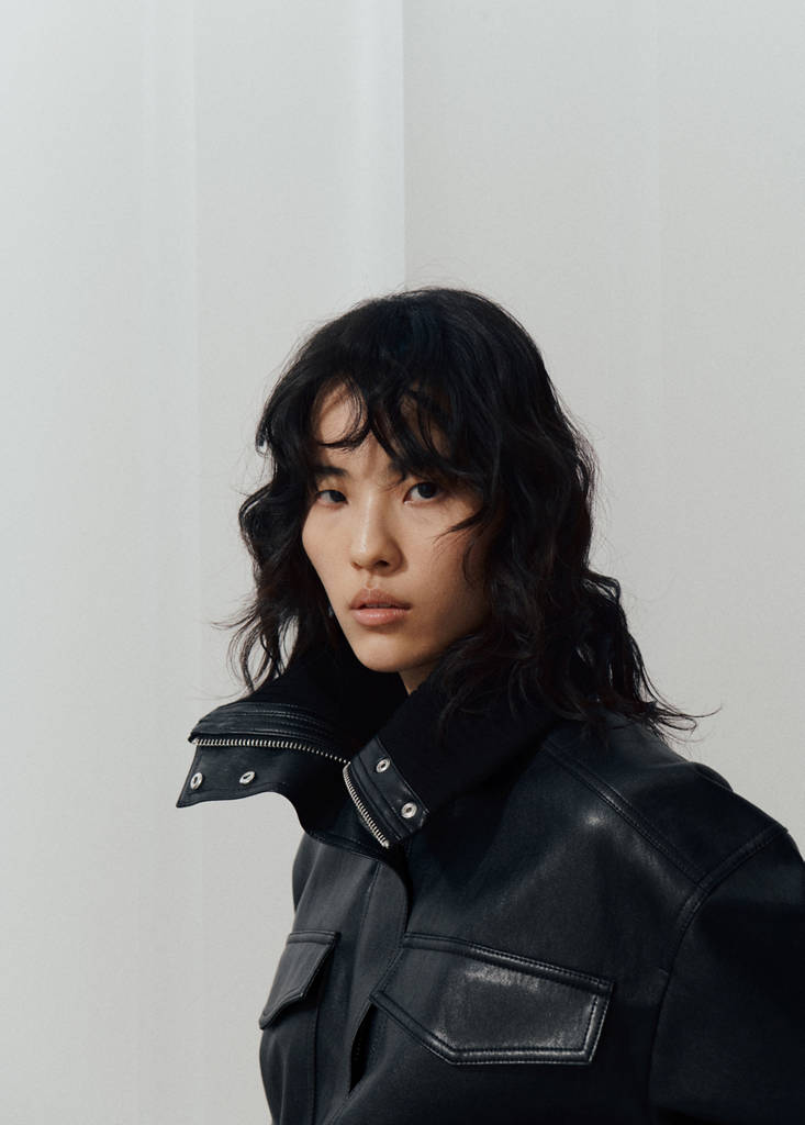 Faux leather jacket with ribbed collar — Black