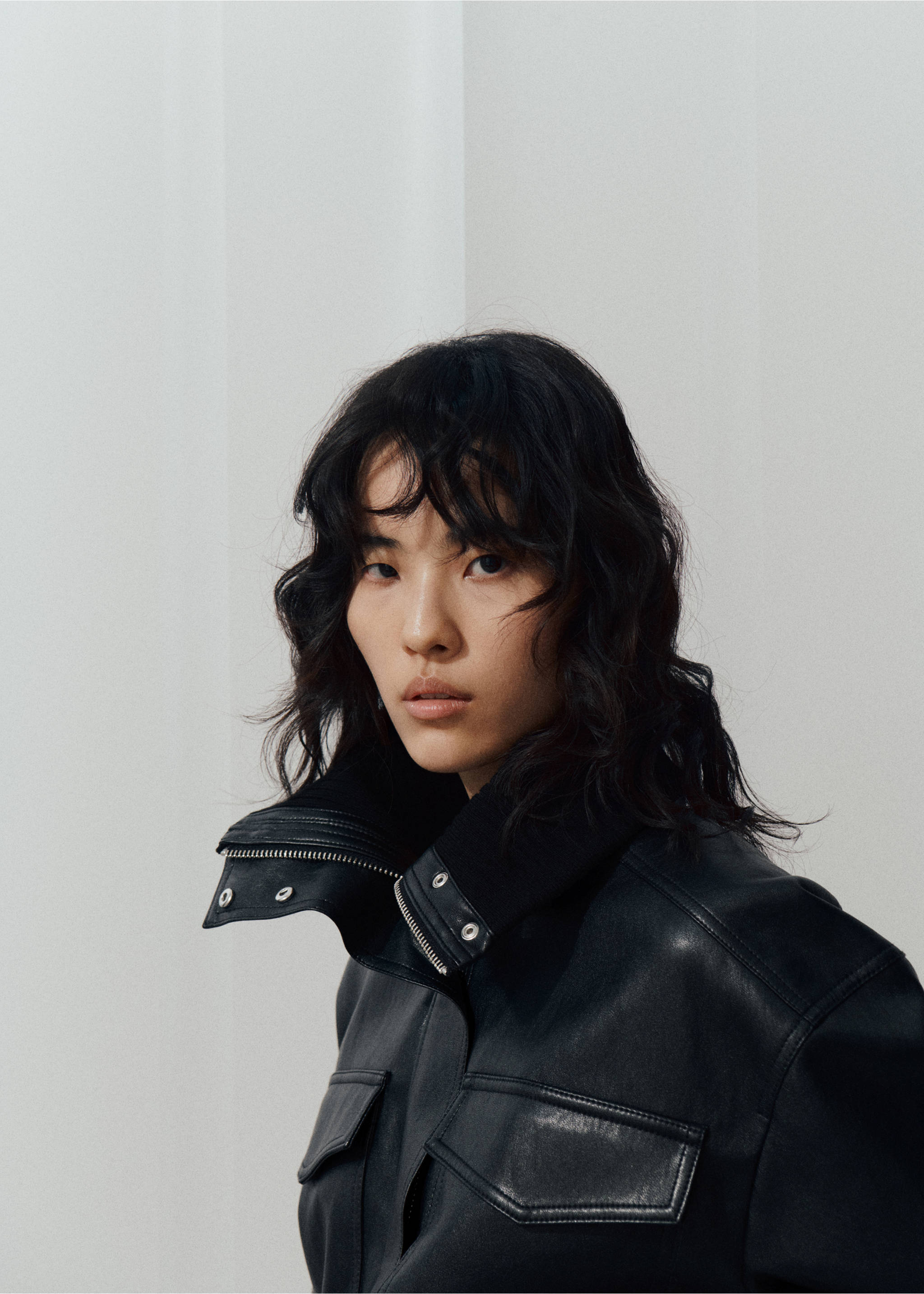 Faux leather jacket with ribbed collar - Details of the article 1, Black. Ref: 37055843-00.