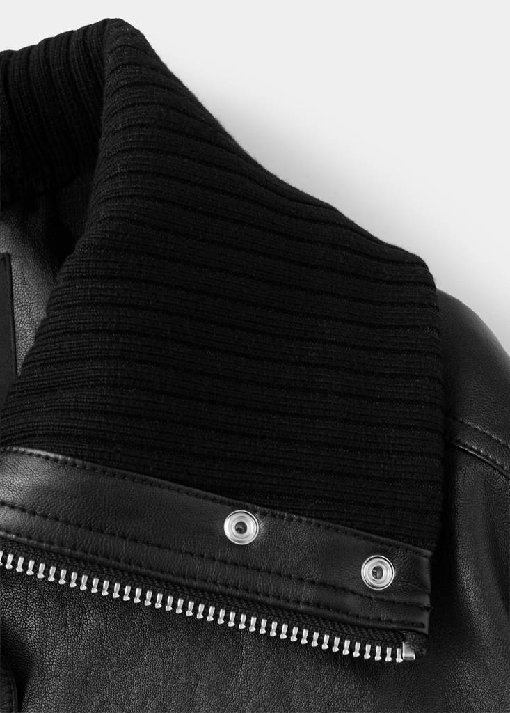 Faux leather jacket with ribbed collar — Black