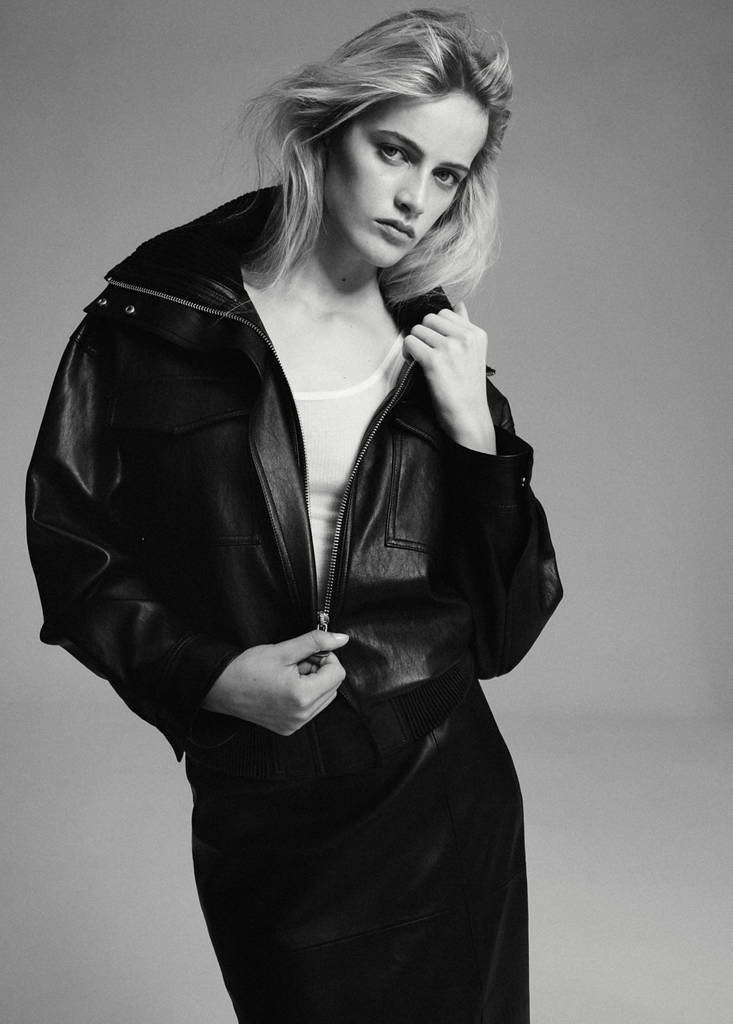 Faux leather jacket with ribbed collar — Black