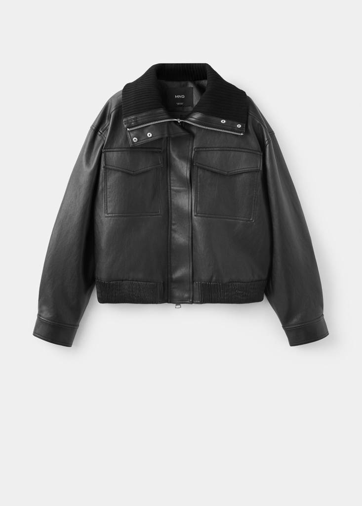 Faux leather jacket with ribbed collar — Black