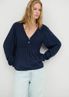 Textured V-neck blouse — Navy 1