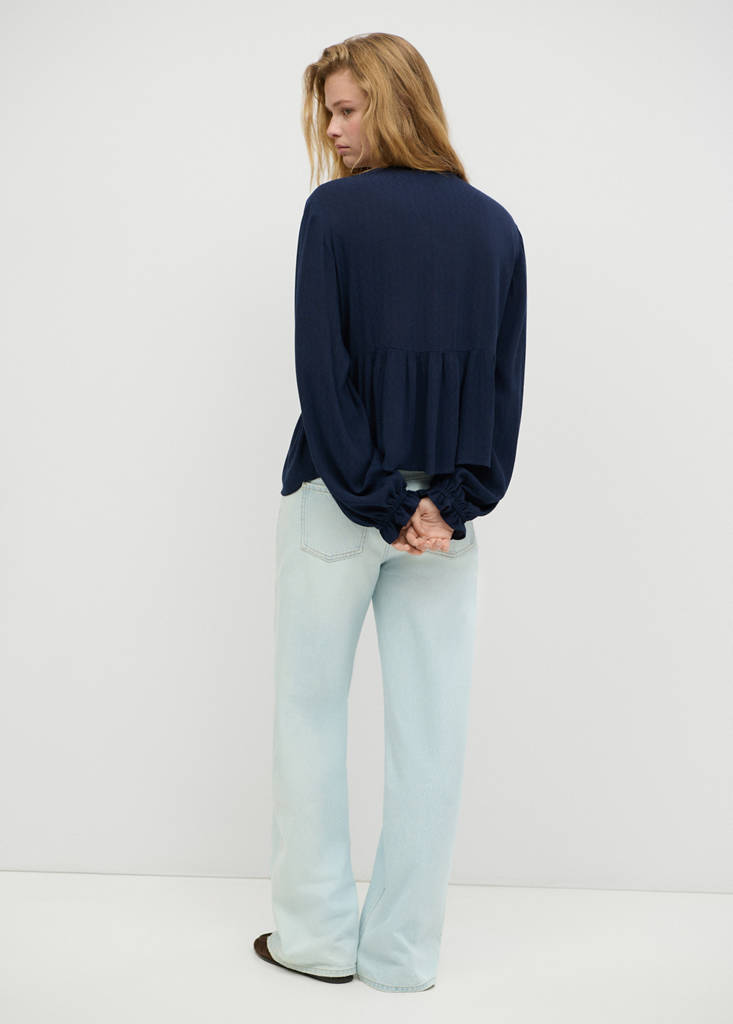 Textured V-neck blouse — Navy