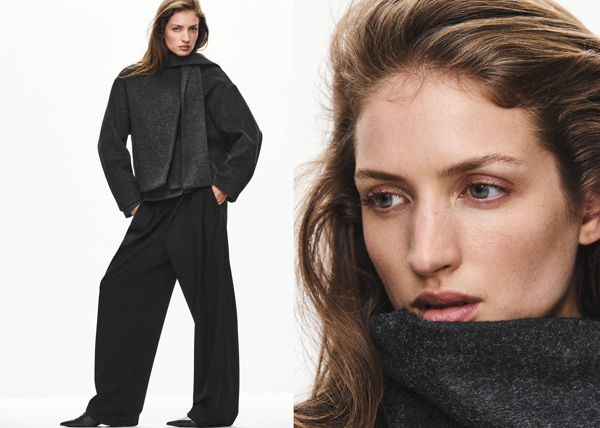 Composite view of a model wearing a dark grey cropped jacket with an attached scarf and wide black trousers.