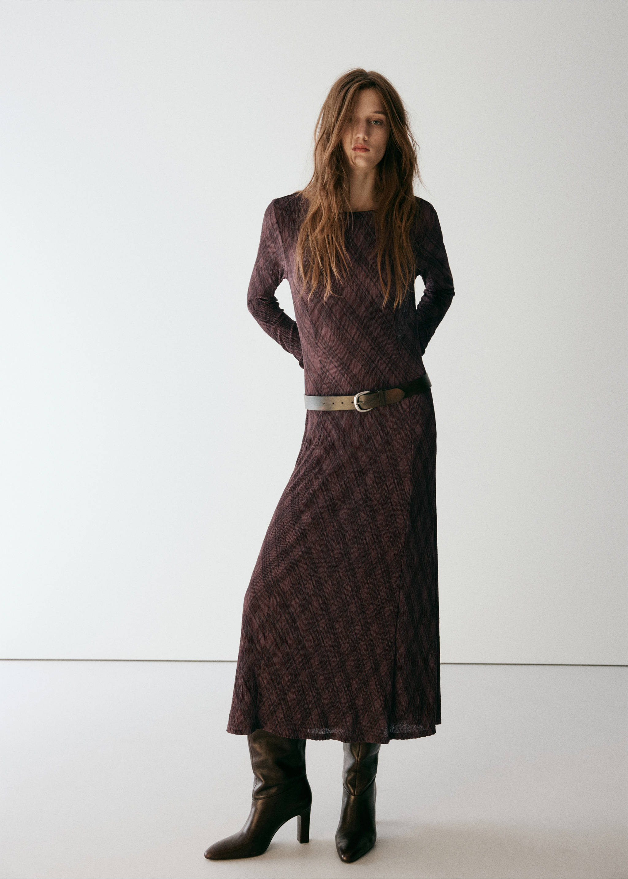 Long-sleeve plaid dress - General plane, Brown. Ref: 37055856-00.