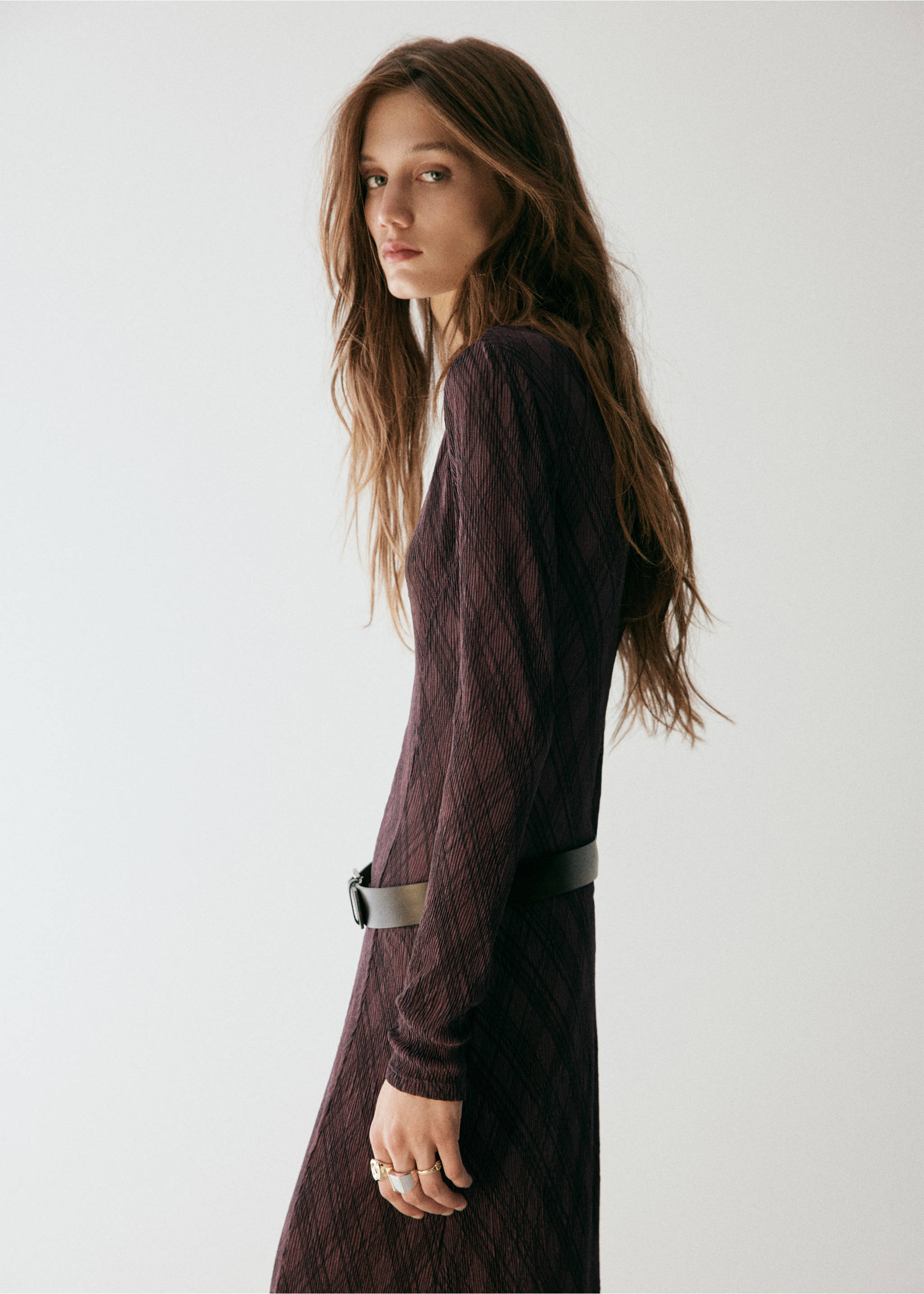 Long-sleeve plaid dress - Medium plane, Brown. Ref: 37055856-00.