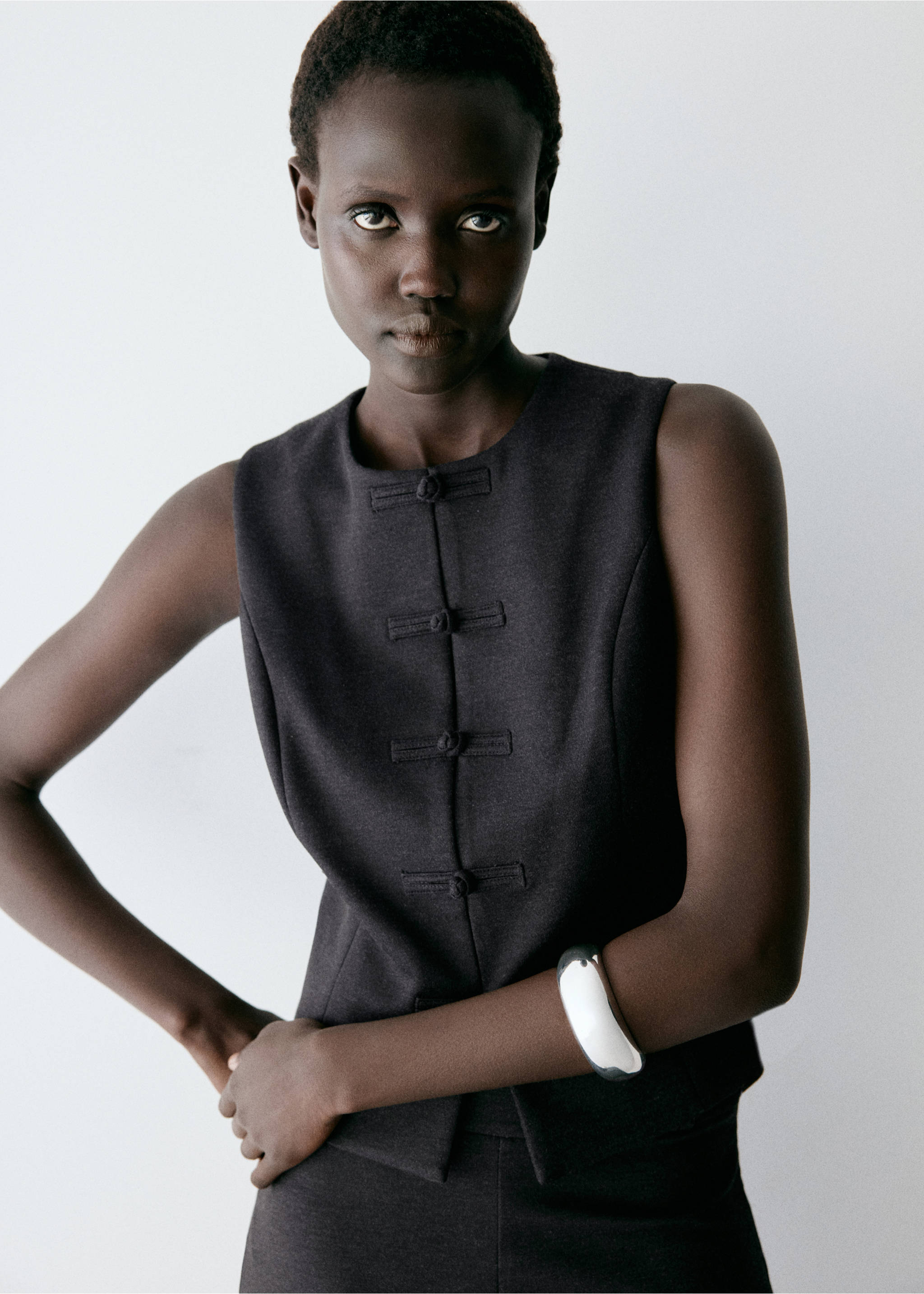 Waistcoat with frogging detail and seam detailing - Medium plane, Charcoal. Ref: 37055859-00.