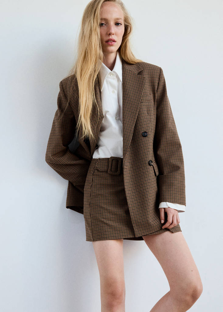 Houndstooth skirt with buckle — Tobacco Brown