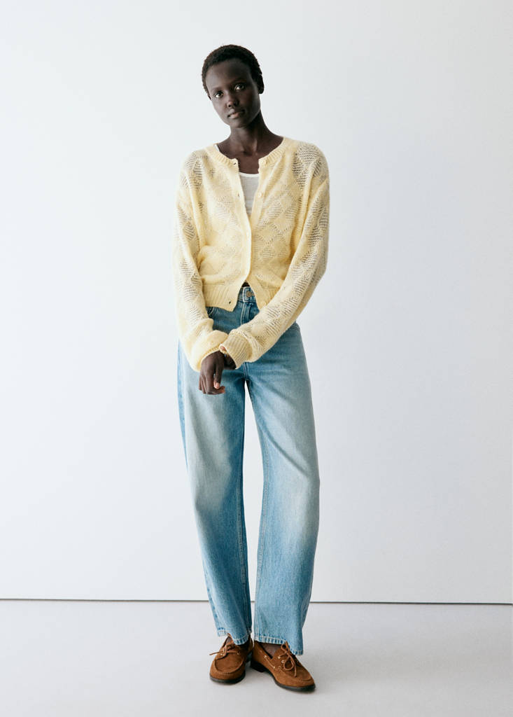 Mango Cardigan Maille Ajourée Losanges In Jaune Pastel