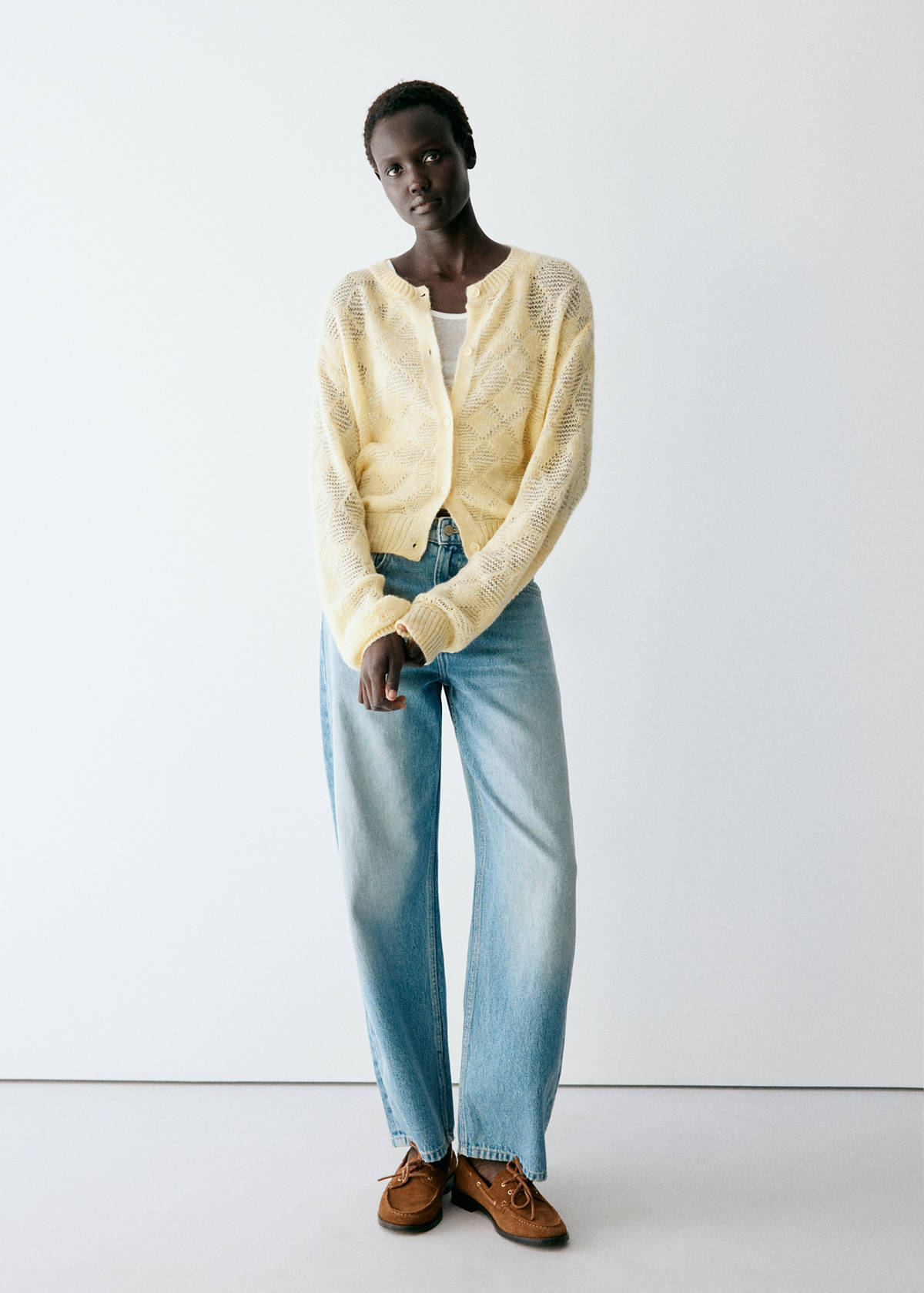 Openwork diamond-pattern knit cardigan — Pastel Yellow