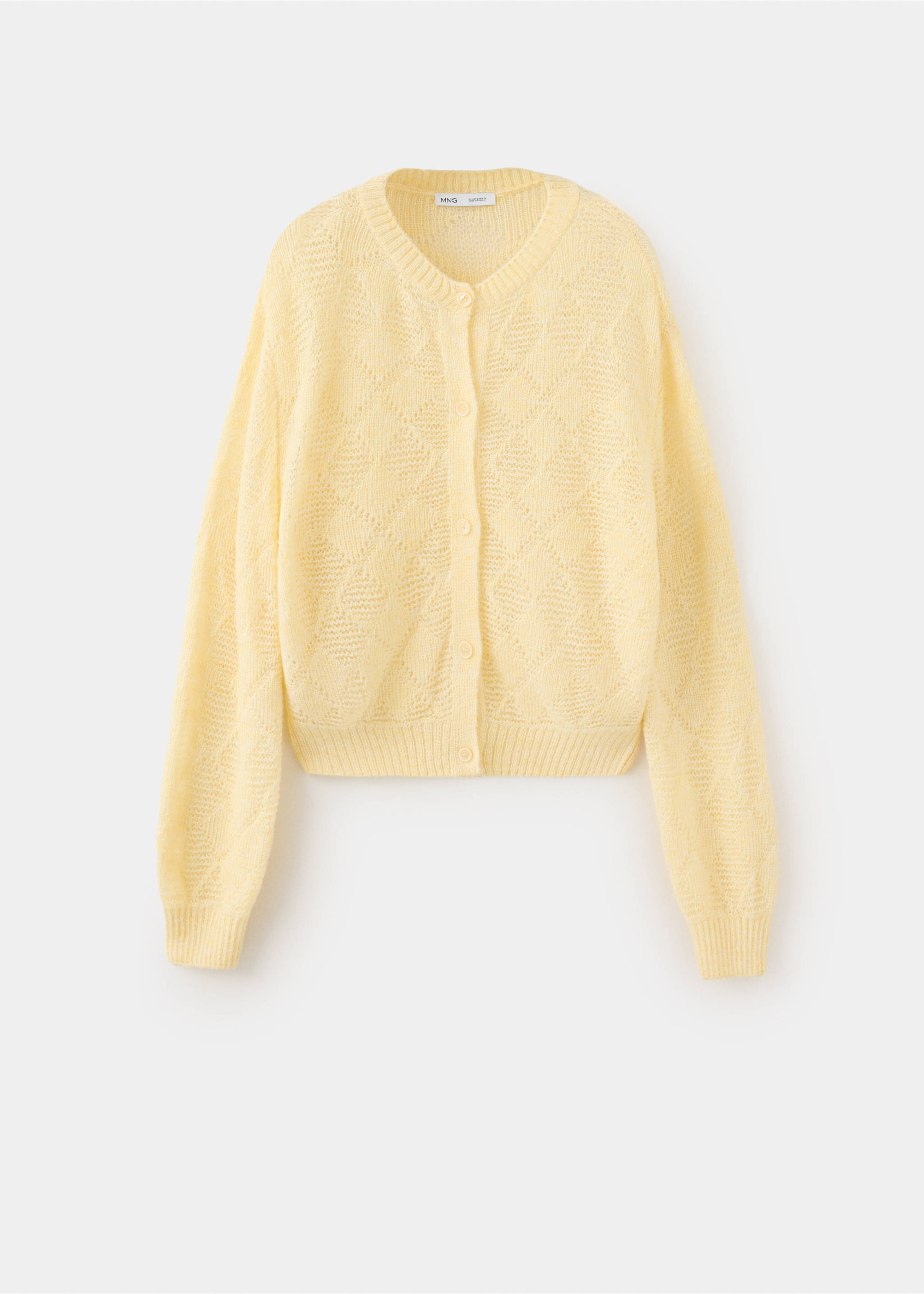 Cardigan de malha rendada aos losangos - Artigo sem modelo, Amarelo-pastel. Ref: 37055879-00.