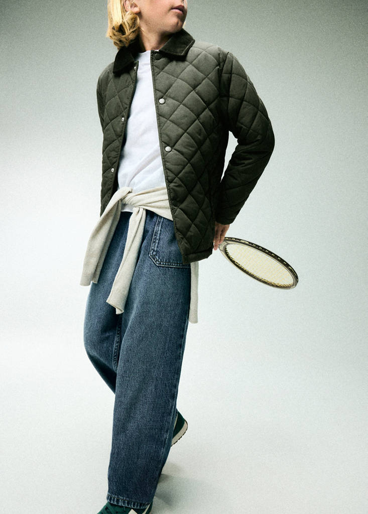 Mango Kids' Quilted Jacket With Corduroy Collar In Kaki