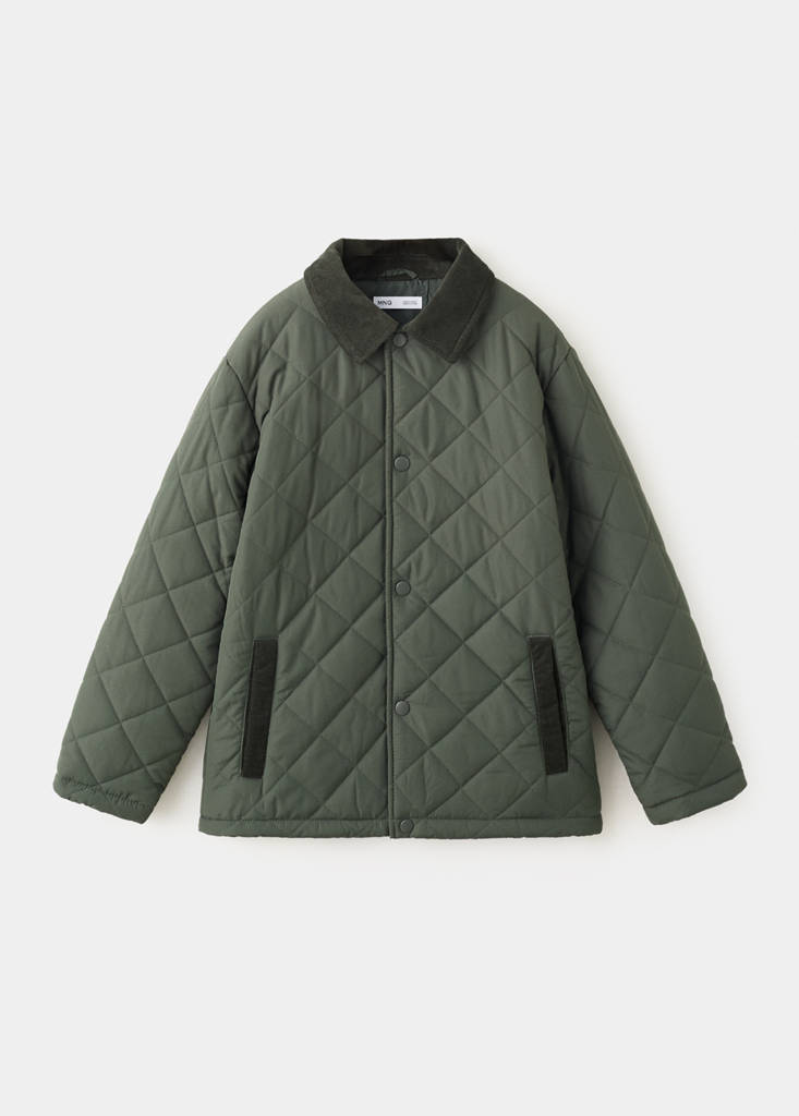Quilted jacket with corduroy collar — Khaki