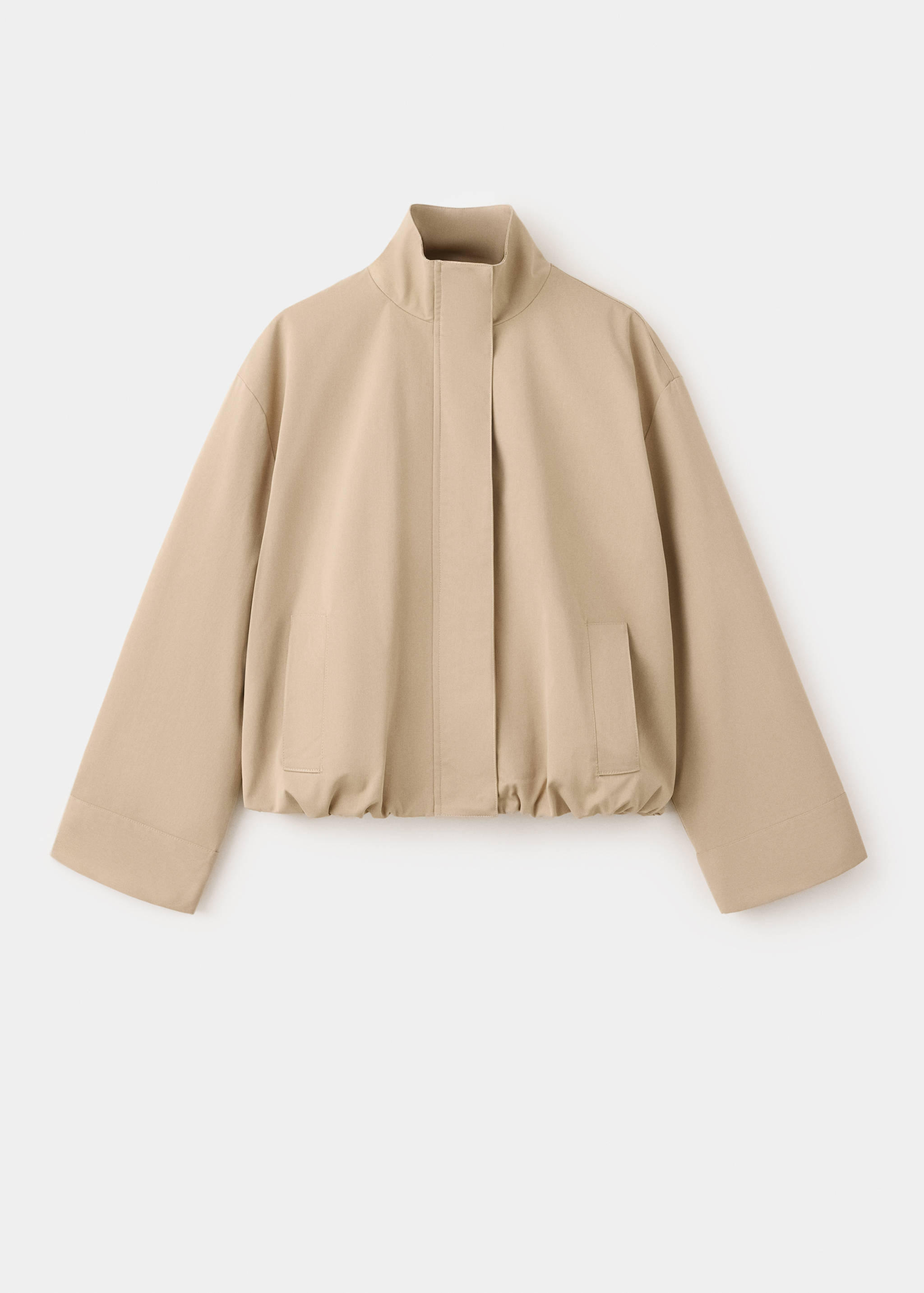 Beige high-collar trench jacket with wide cuffs and elasticated hem.