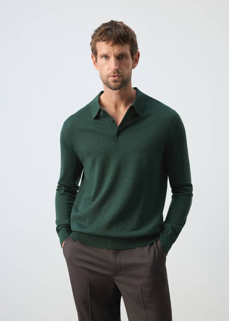 Fine-knit 100% merino wool polo jumper — Dark Green