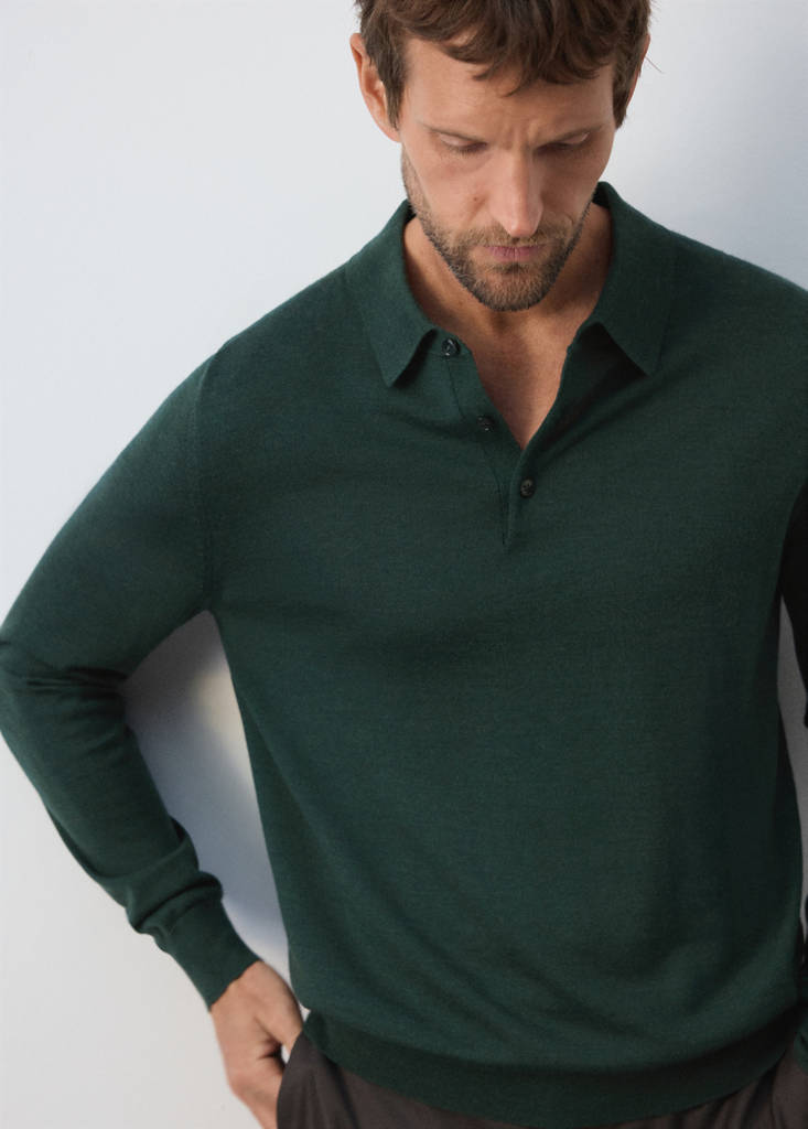 Fine-knit 100% merino wool polo jumper — Dark Green