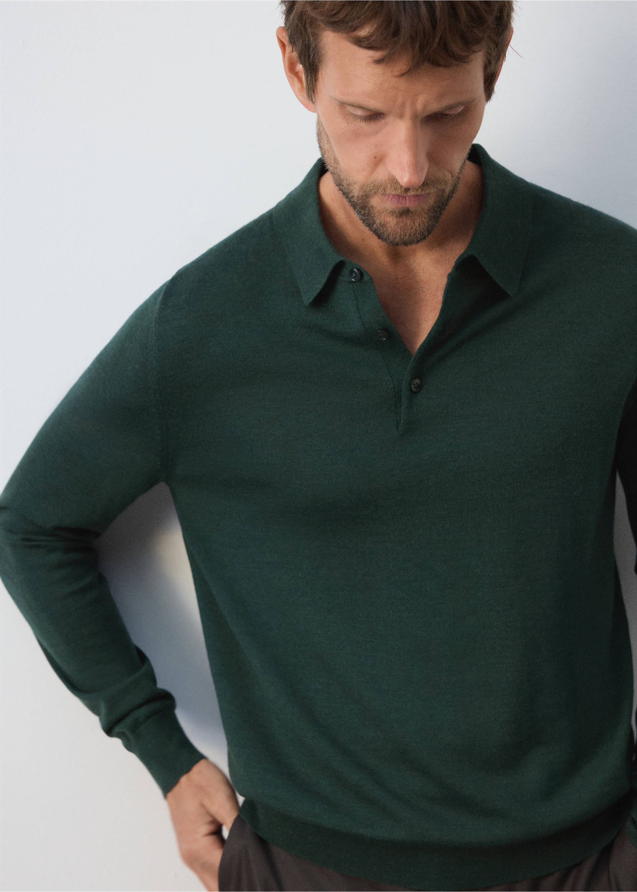 100% fine-knit wool polo sweater - Деталь изделия 4, Темно-зеленый. Ref: 37055981-00.