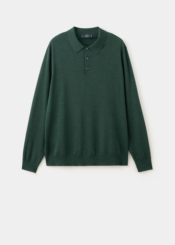 Fine-knit 100% merino wool polo jumper — Dark Green