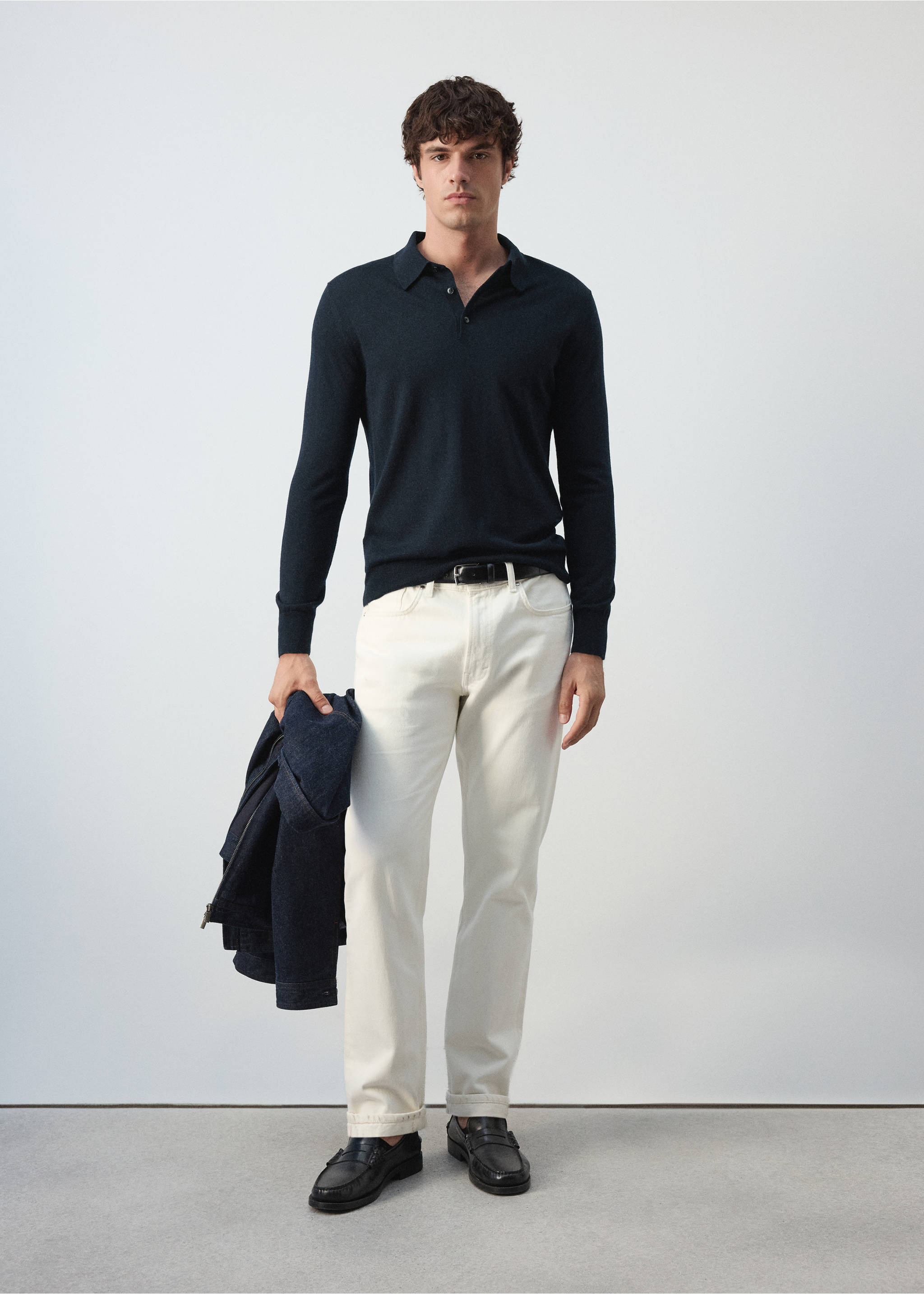 100% fine-knit wool polo sweater - Общий план, Глубокий темно-синий. Ref: 37055981-00.