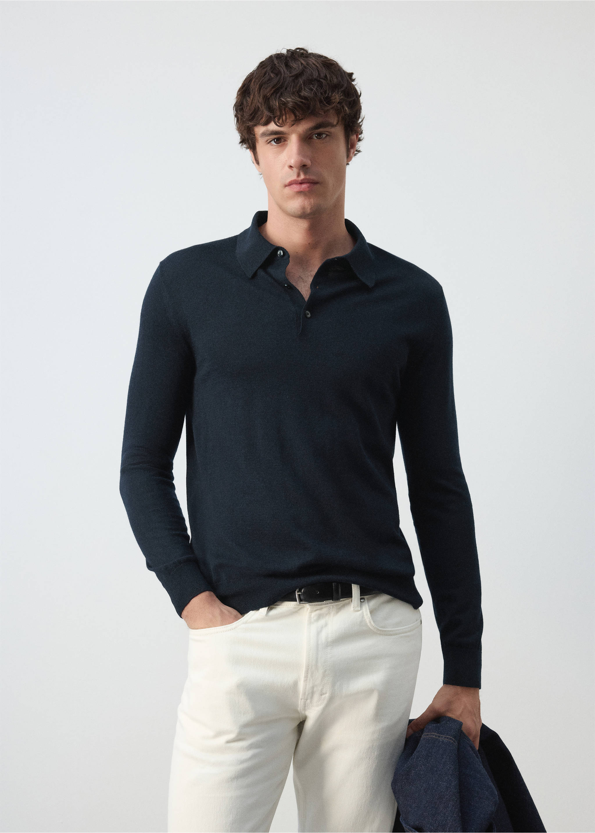 100% fine-knit wool polo sweater - Средний план, Глубокий темно-синий. Ref: 37055981-00.