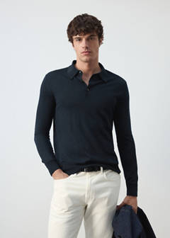 Fine-knit polo jumper in 100% merino wool — Navy 1