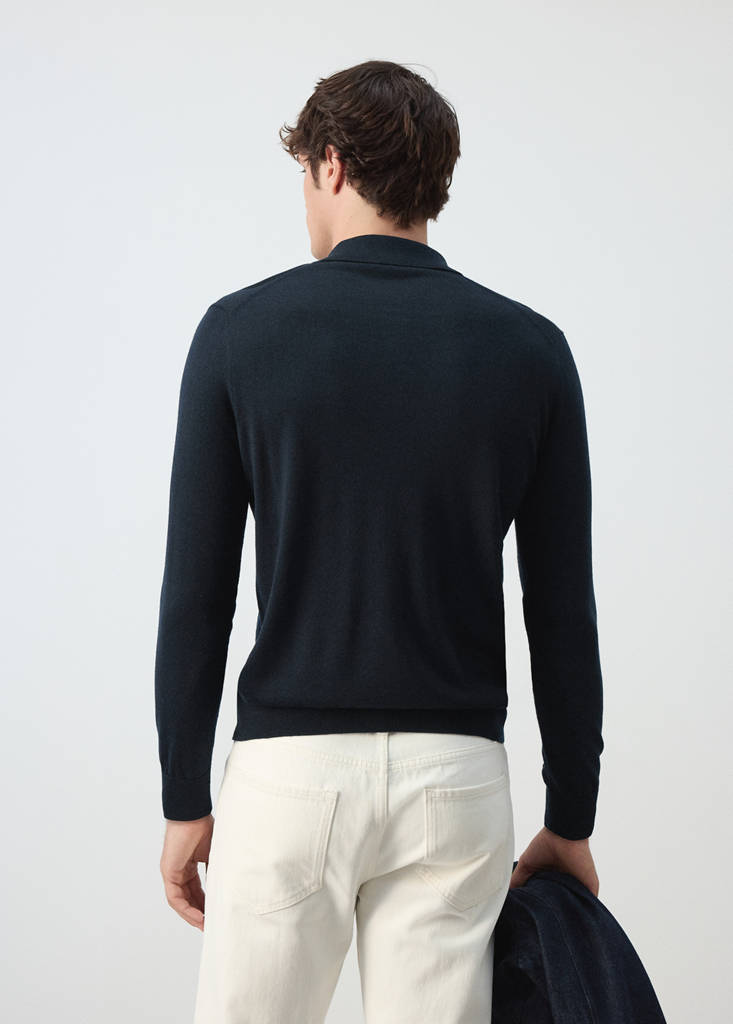 Fine-knit 100% merino wool polo jumper — Navy
