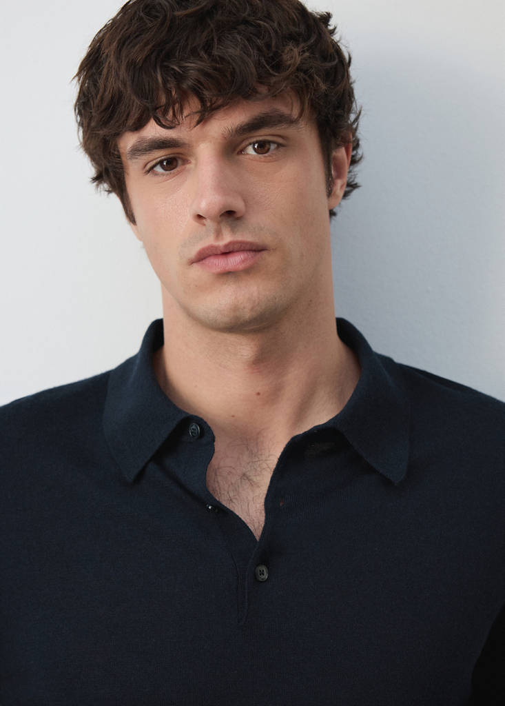 Fine-knit 100% merino wool polo jumper — Navy