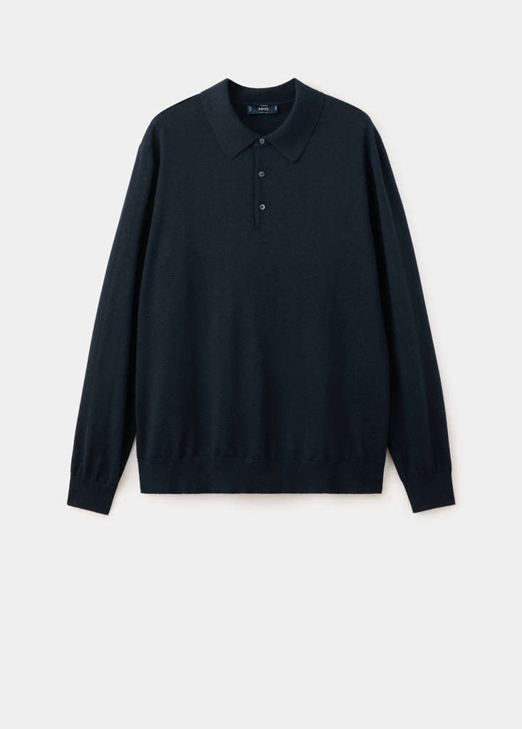 Fine-knit 100% merino wool polo jumper — Navy