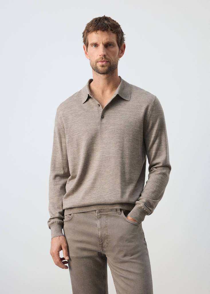 Fine-knit 100% merino wool polo jumper — Mink Grey