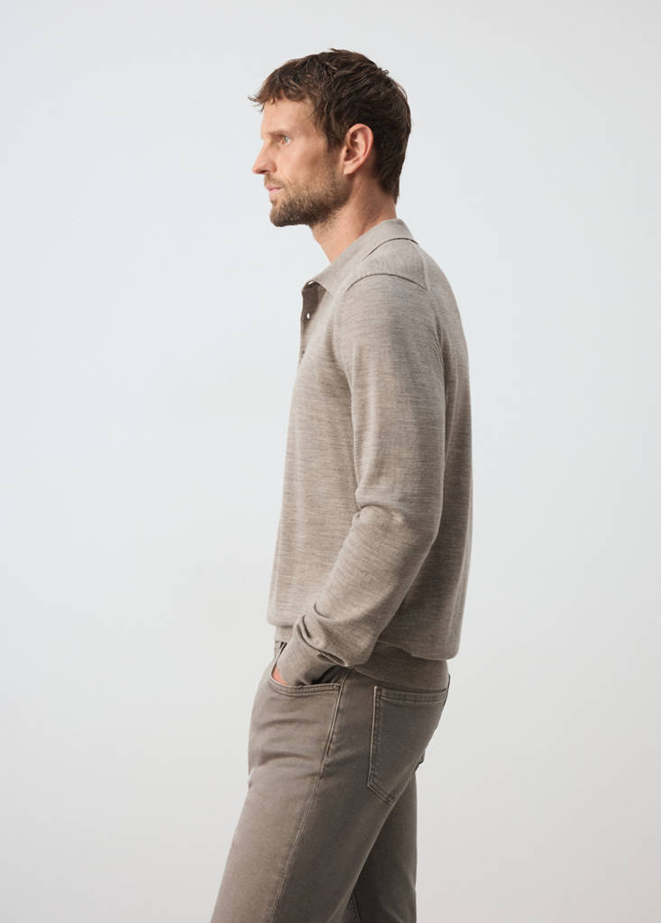 Fine-knit 100% merino wool polo jumper — Mink Grey