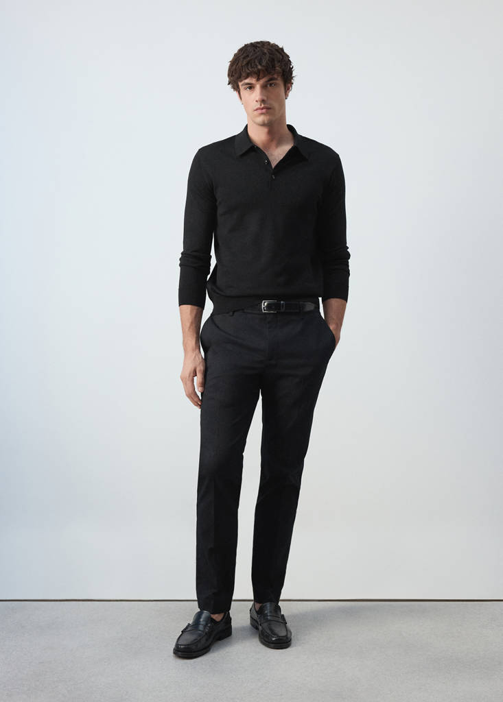 Fine-knit 100% merino wool polo jumper — Black