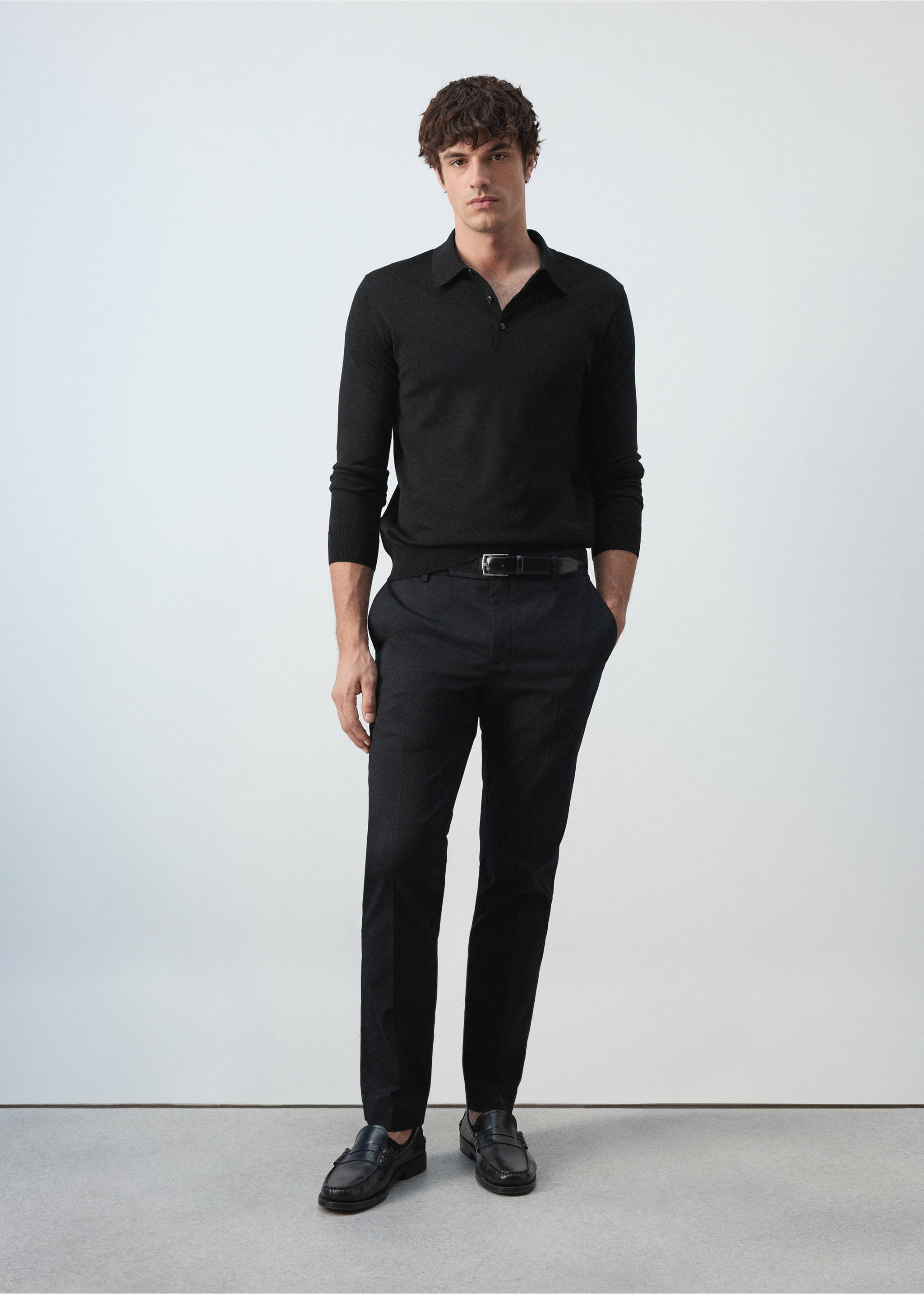 100% fine-knit wool polo sweater - Общий план, Черный. Ref: 37055981-00.