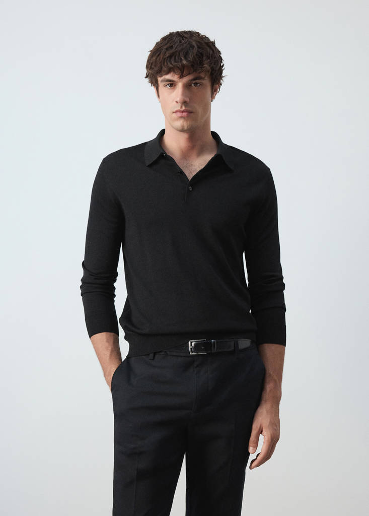 Fine-knit 100% merino wool polo jumper — Black