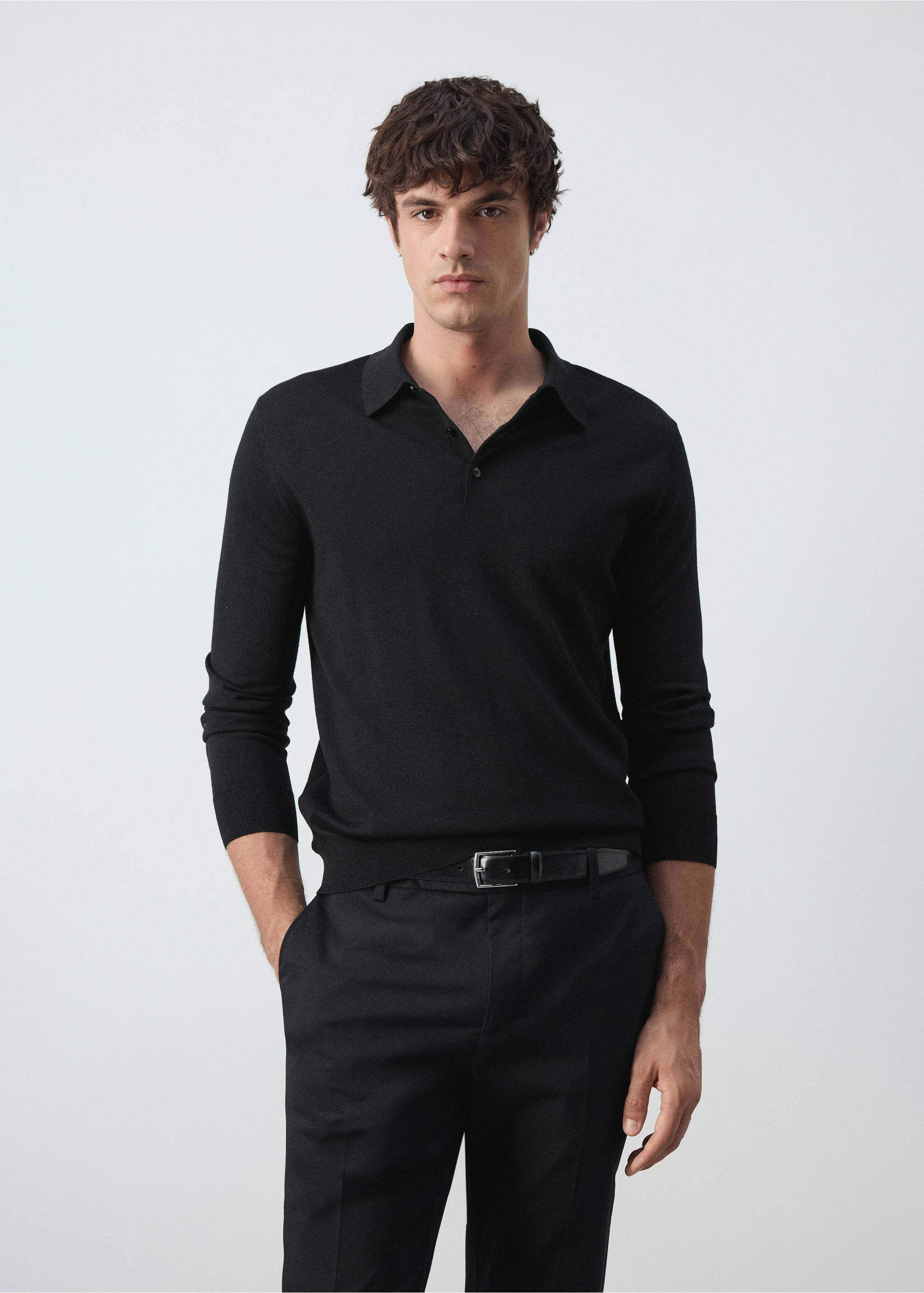 100% fine-knit wool polo sweater - Средний план, Черный. Ref: 37055981-00.