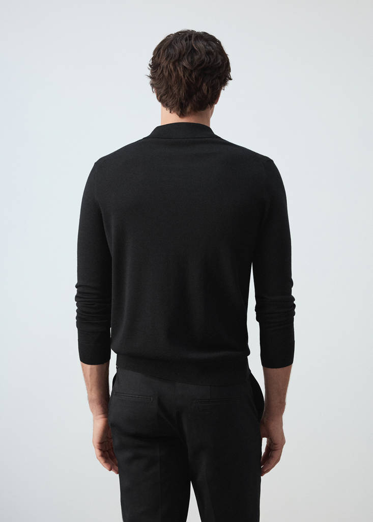 Fine-knit 100% merino wool polo jumper — Black