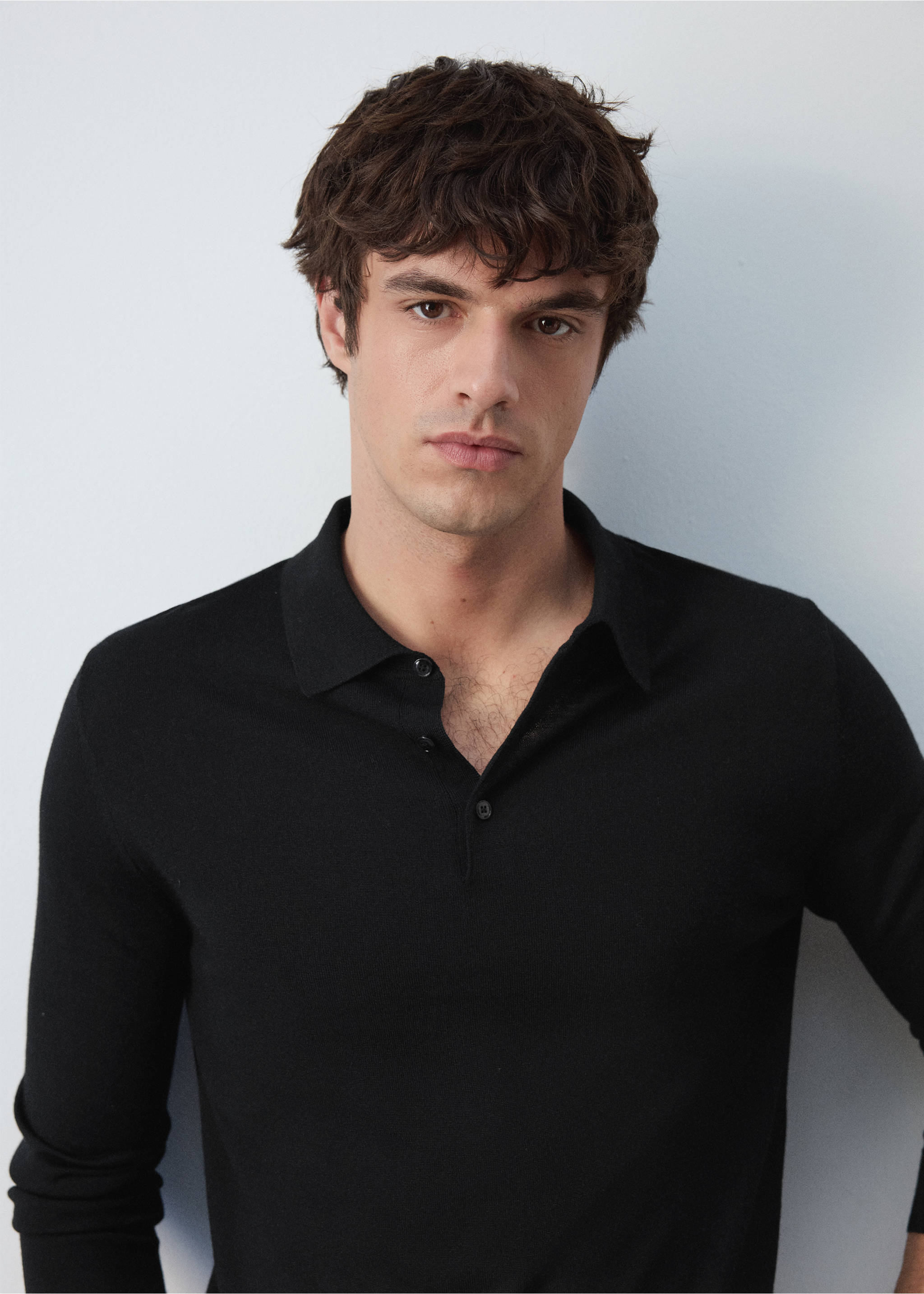 100% fine-knit wool polo sweater - Деталь изделия 1, Черный. Ref: 37055981-00.