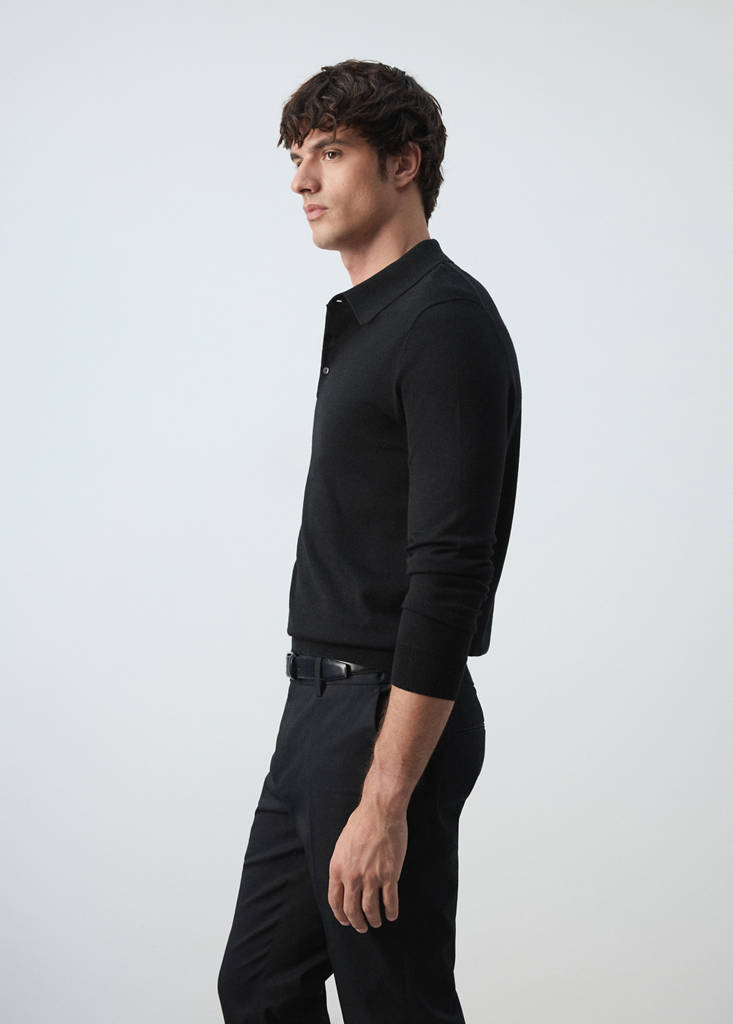 Fine-knit 100% merino wool polo jumper — Black