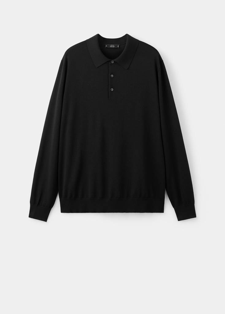 Fine-knit 100% merino wool polo jumper — Black