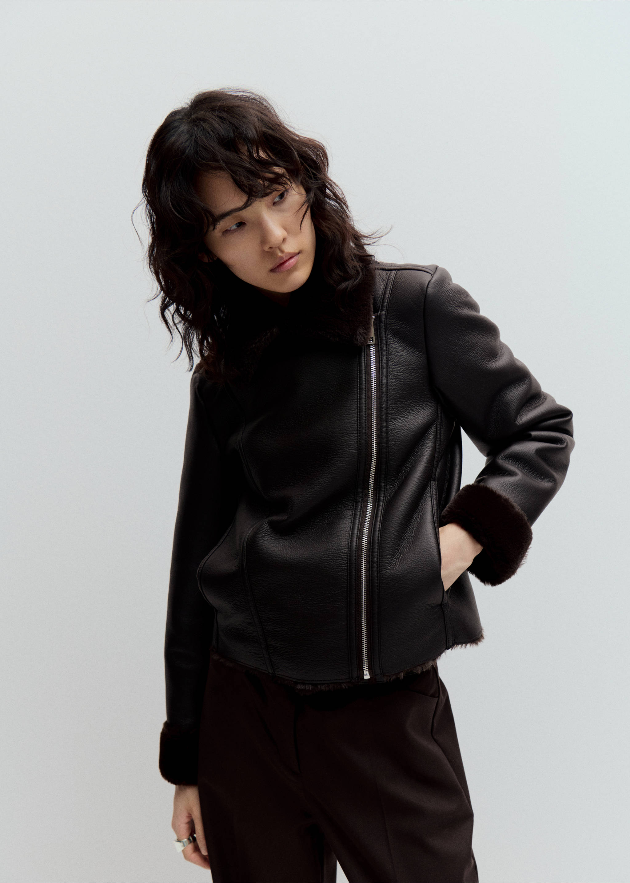 Faux-fur biker jacket - Medium plane, Chocolate. Ref: 37055990-00.