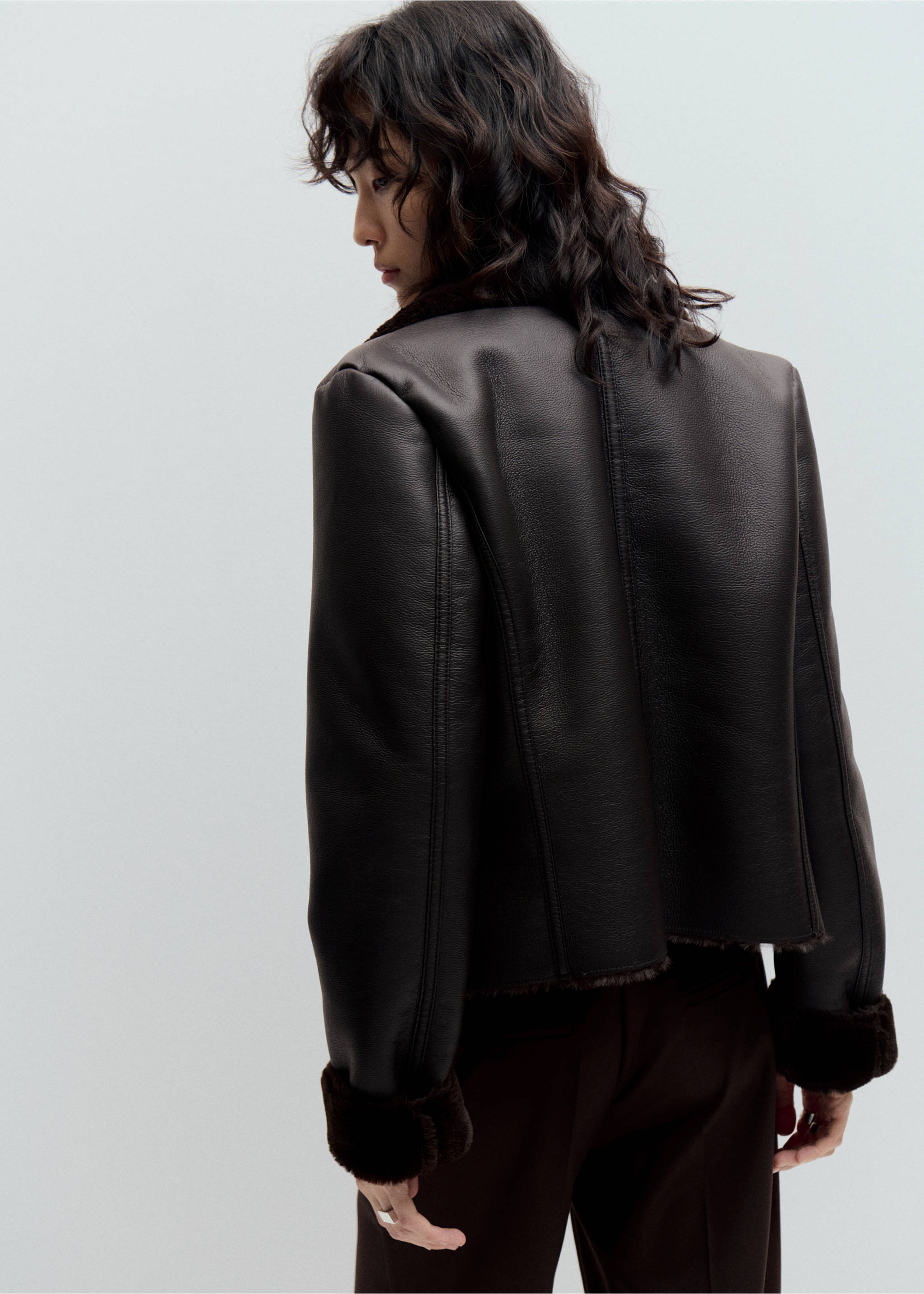 Faux-fur biker jacket - Reverse of the article, Chocolate. Ref: 37055990-00.