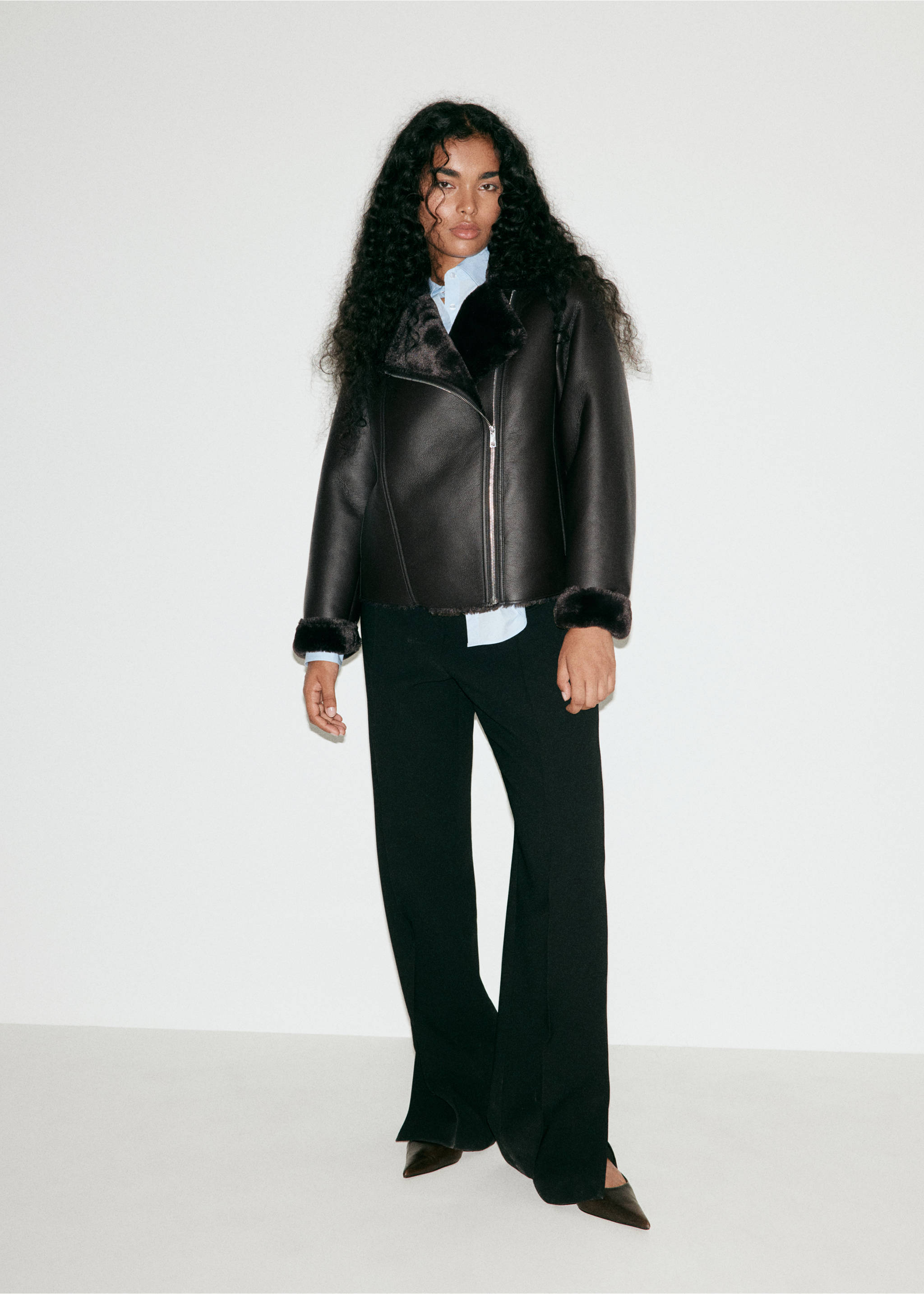Faux-fur biker jacket - Details of the article 5, Chocolate. Ref: 37055990-00.