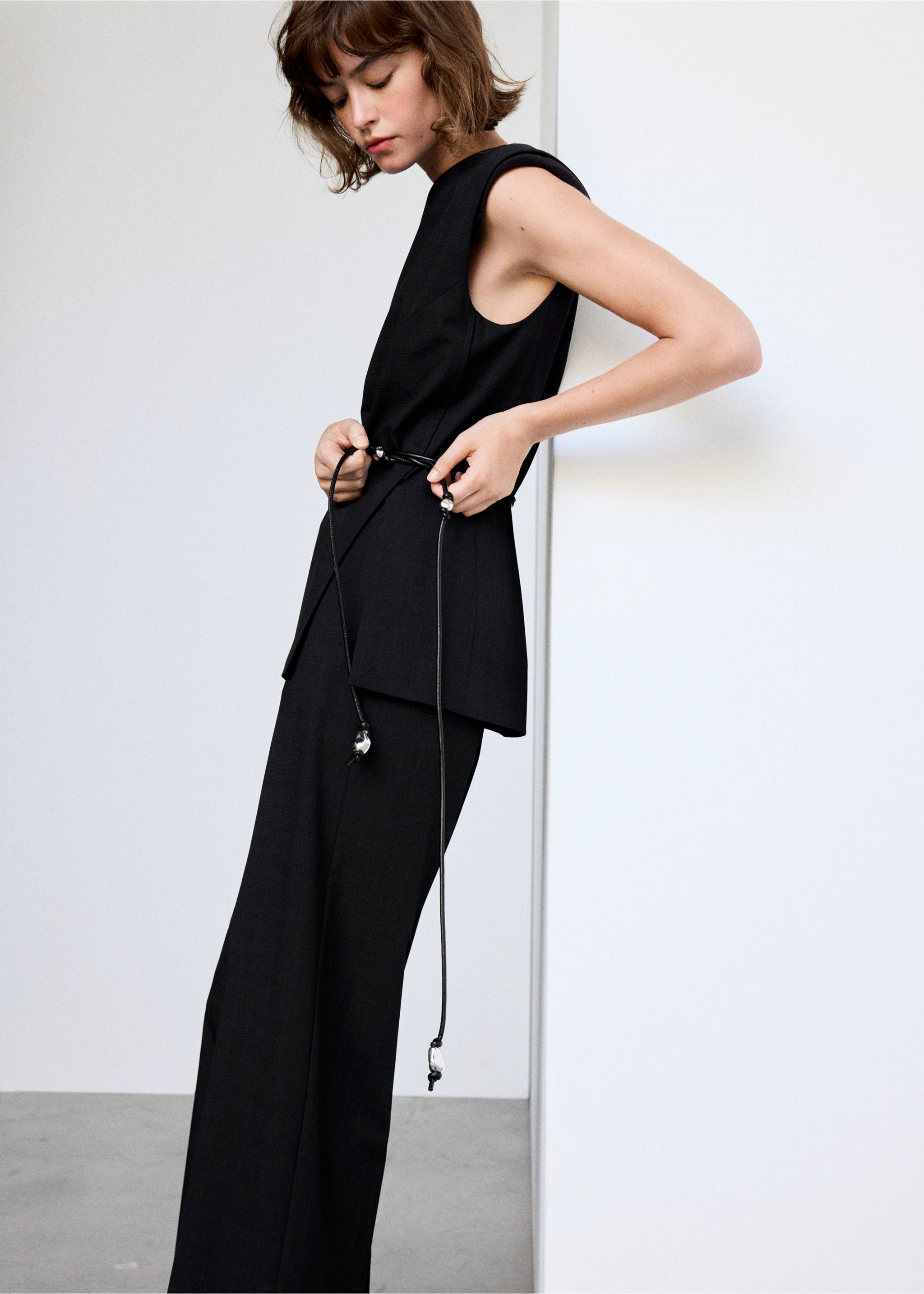 Combined jumpsuit with beaded belt - Details of the article 1, Black. Ref: 37055994-00.