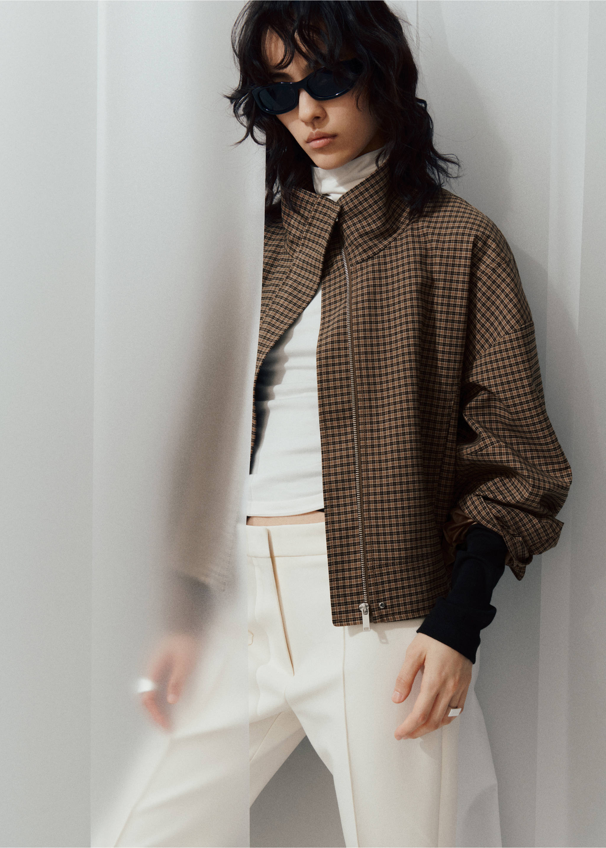 Checked funnel-neck jacket - Medium plane, Brown. Ref: 37056000-00.