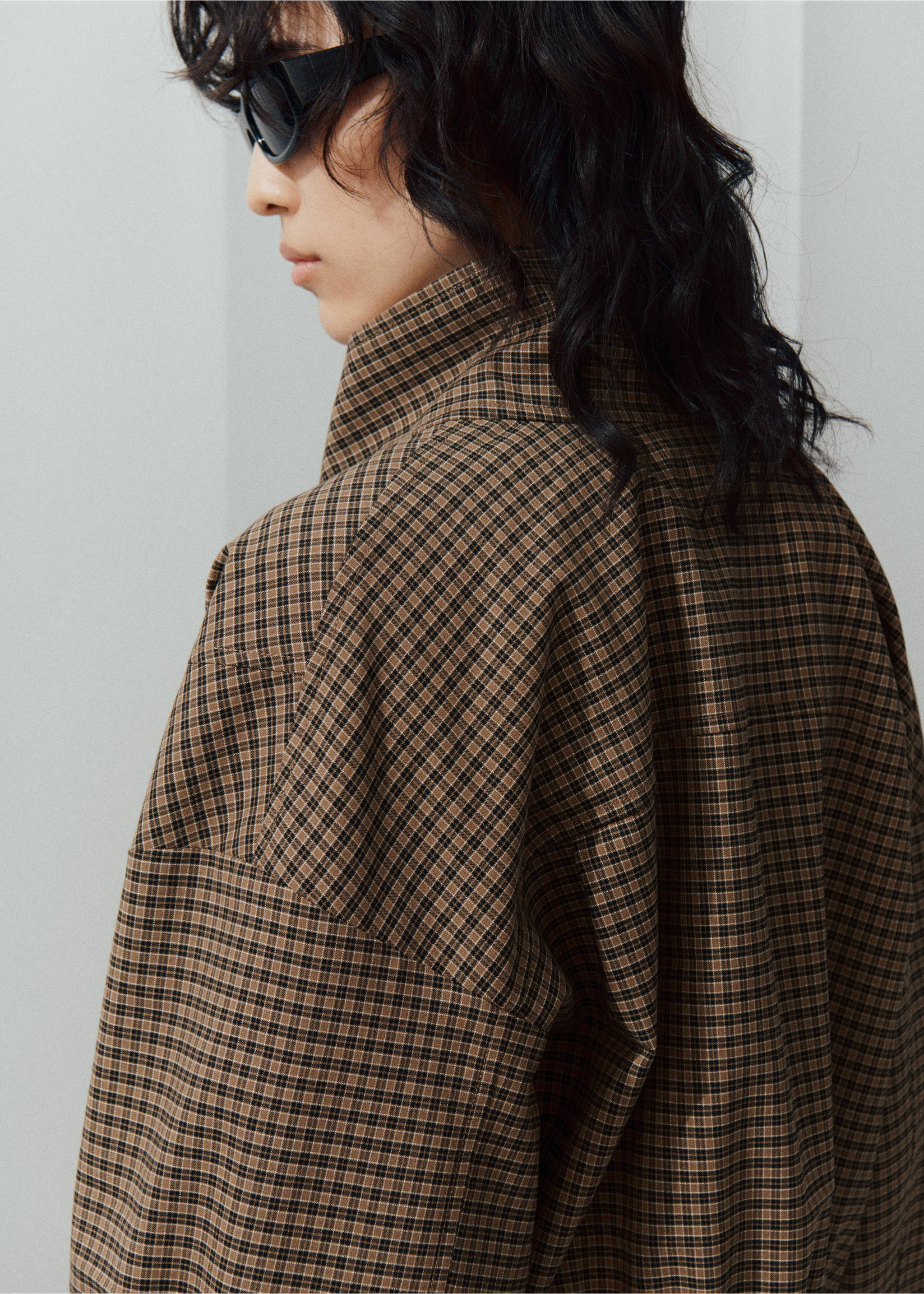 Checked funnel-neck jacket - Details of the article 3, Brown. Ref: 37056000-00.