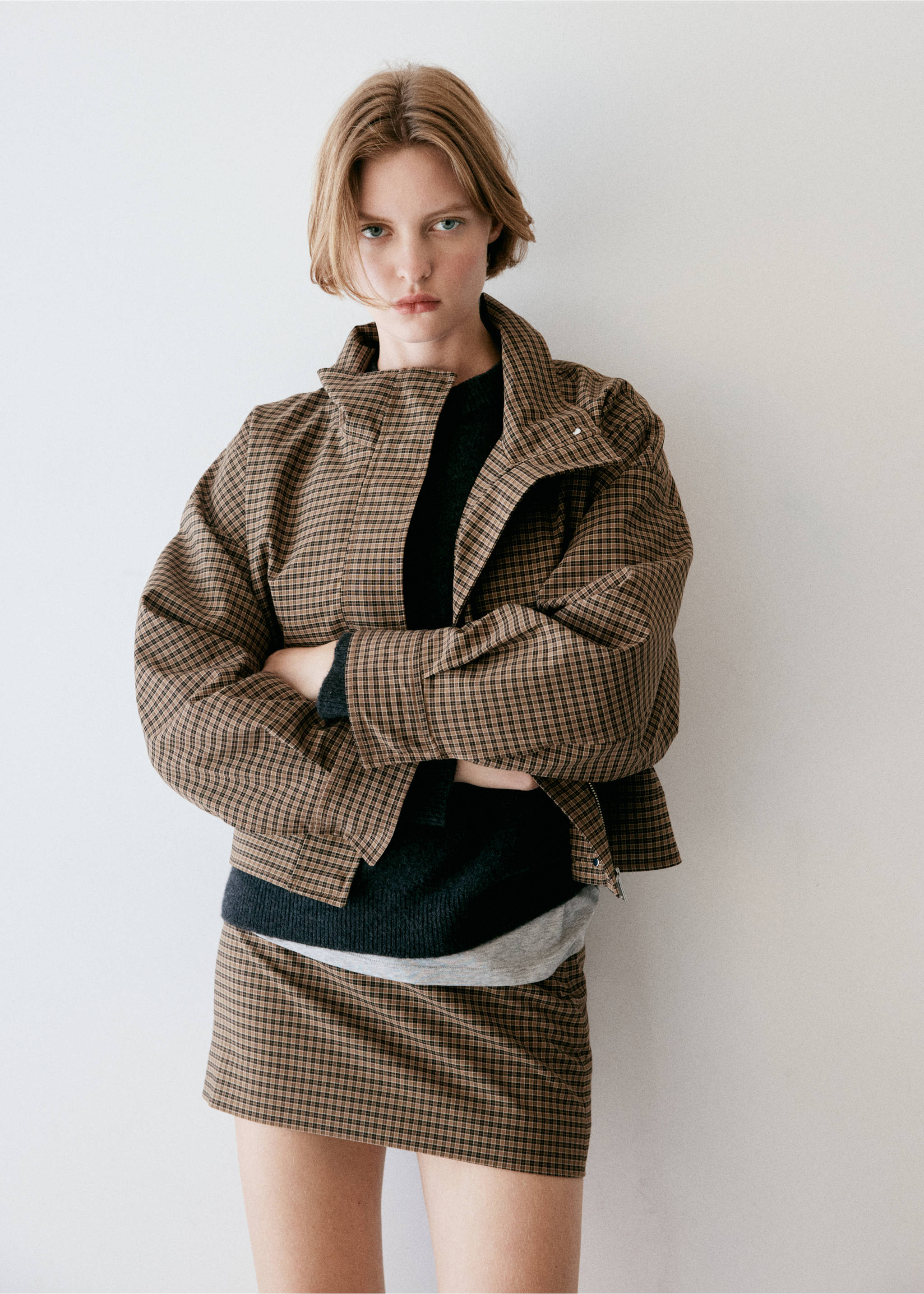 Brown and black checkered jacket with a high collar and matching mini skirt., Brown. Ref: 37056000-01.