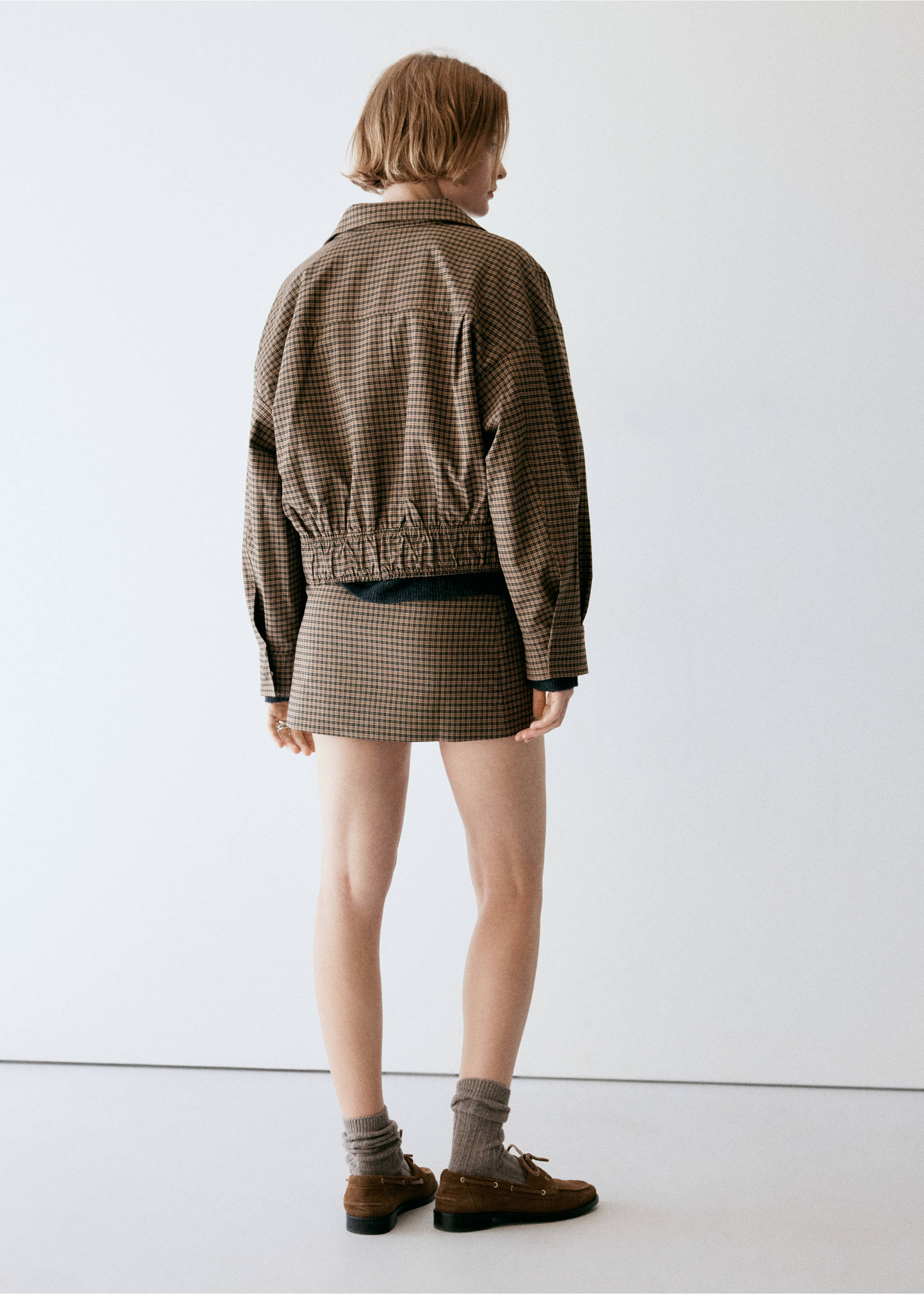 Brown checked cropped jacket, back view., Brown. Ref: 37056000-01.