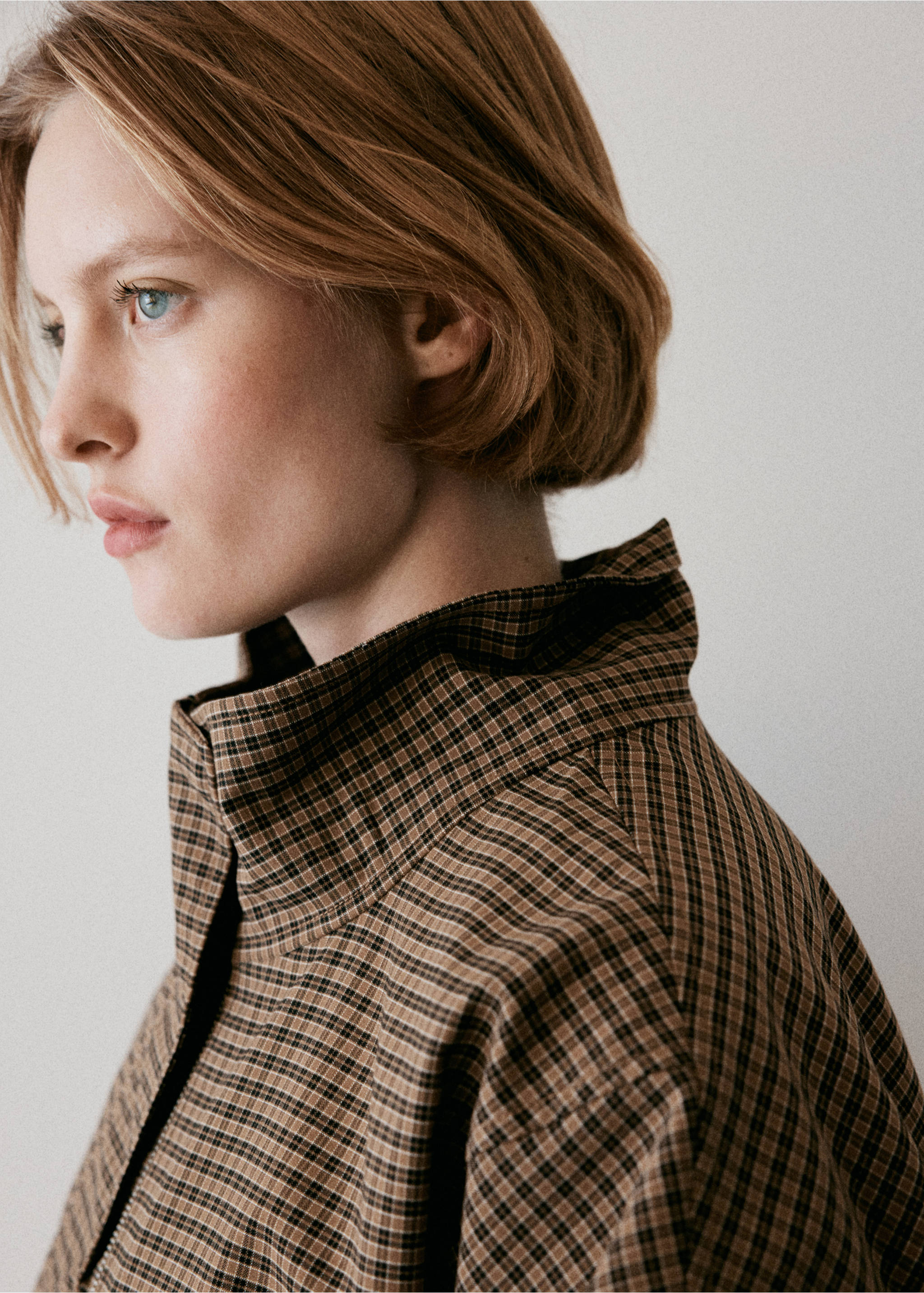 Brown and black checked jacket with a high standing collar., Brown. Ref: 37056000-01.
