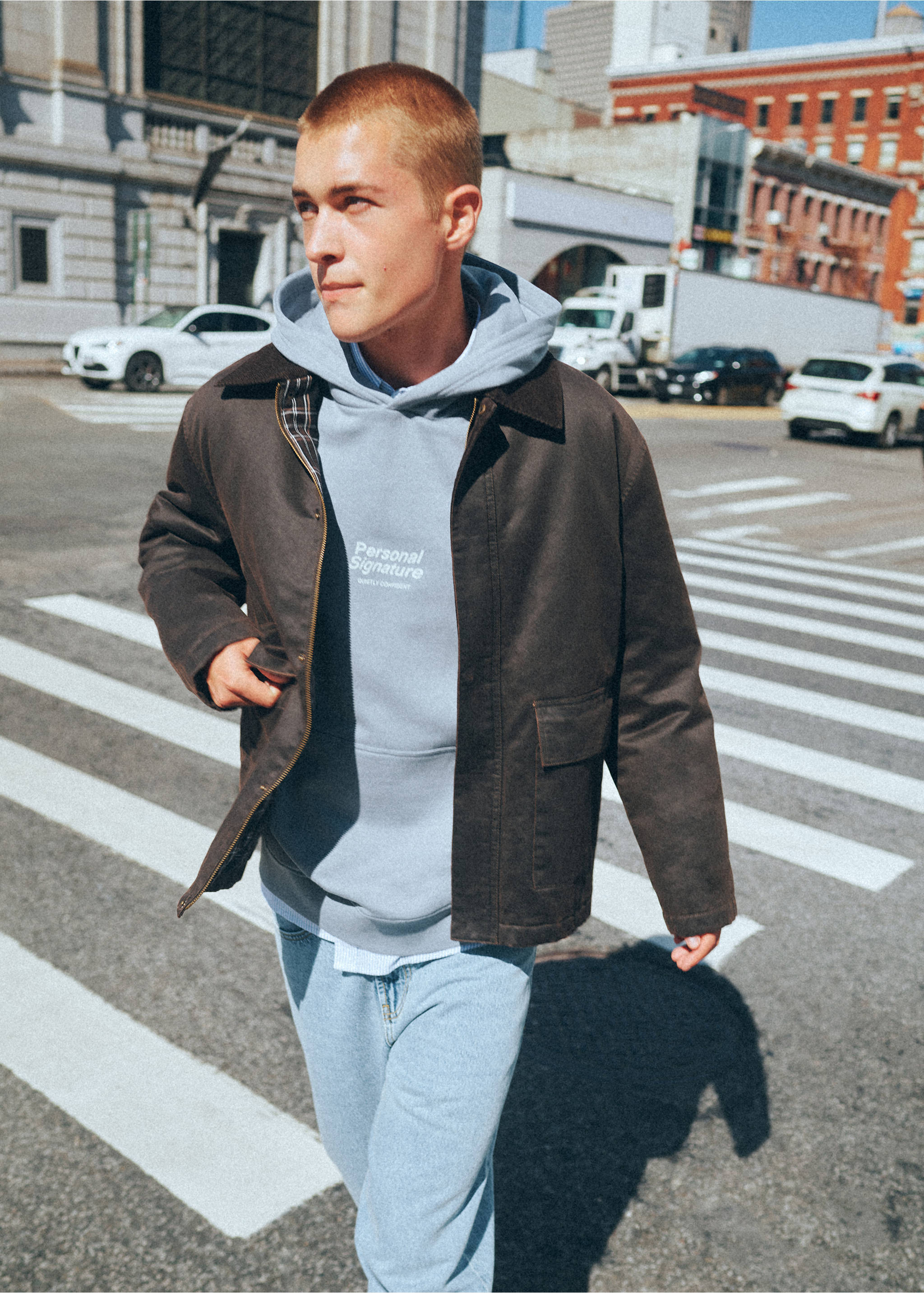 Cotton hooded sweatshirt with text print - Medium plane, Blue. Ref: 37056003-00.